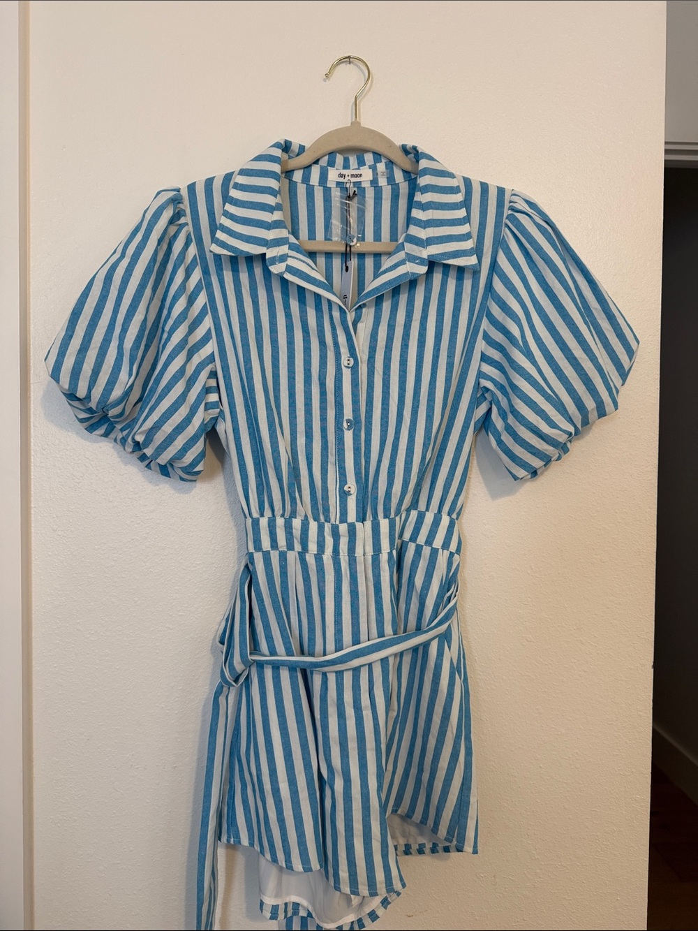Blue & White Striped Puff-Sleeve Bodysuit Dress